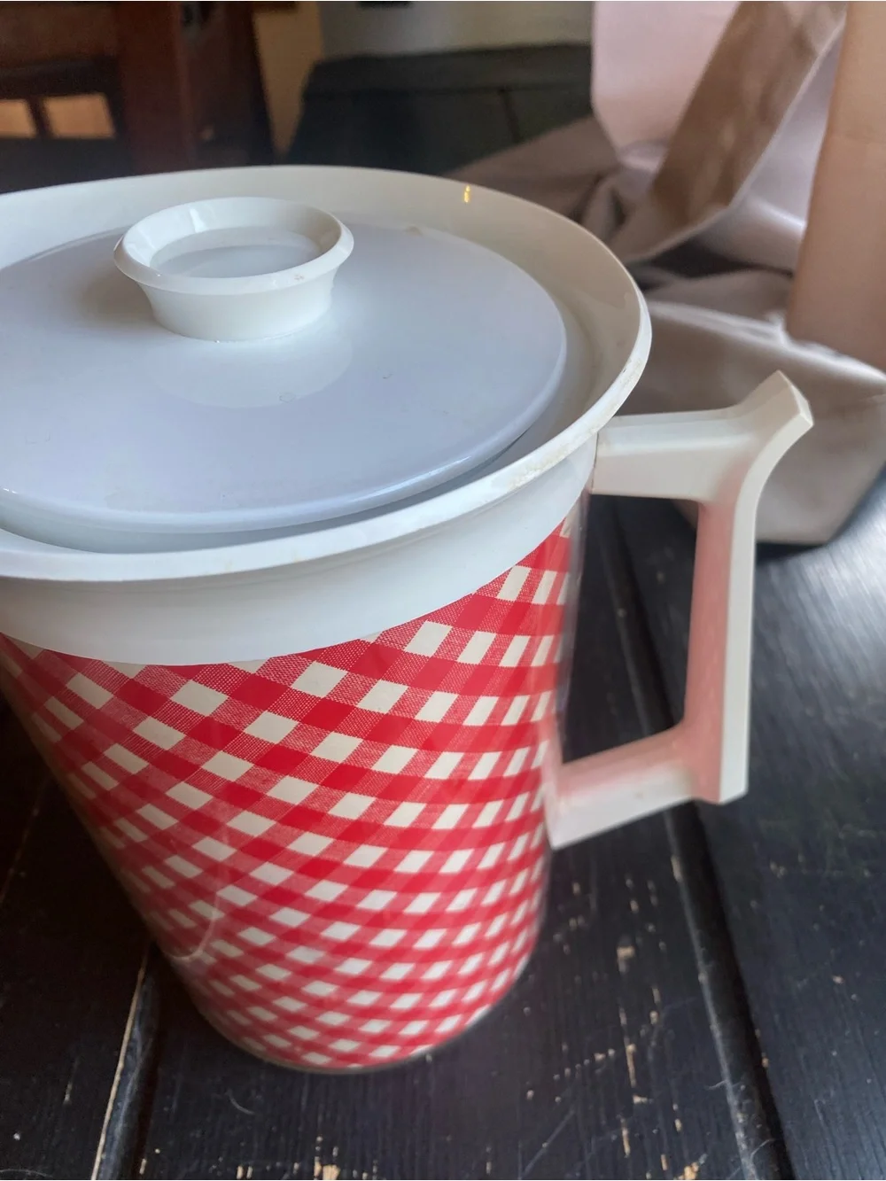 Tupperware Red Gingham Insulated Pitcher with White Lid